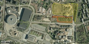 5-hektarowy teren TDJ Estate w Strefie Kultury, na czerwono działka przeznaczona pod I etap inwestycji mieszkaniowej, fot. UM Katowice